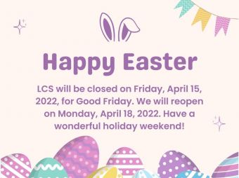 Electronic graphic art of Easter eggs and bunny ears above the text