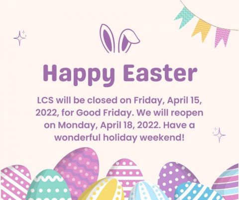 Electronic graphic art of Easter eggs and bunny ears above the text