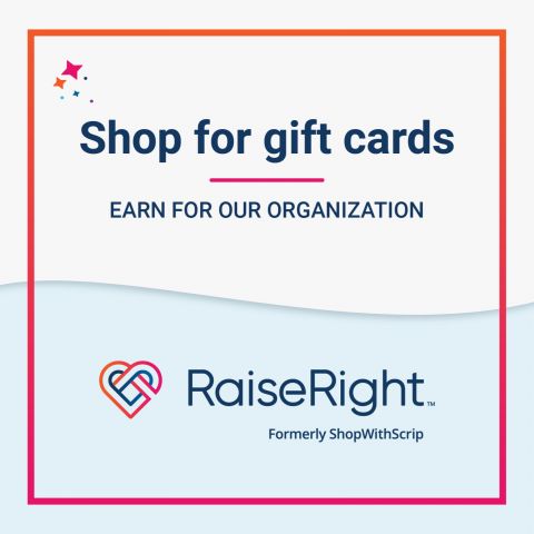 An half white, half blue advertising image for RaiseRight that reads, "shop for gift cards, earn for our organization."